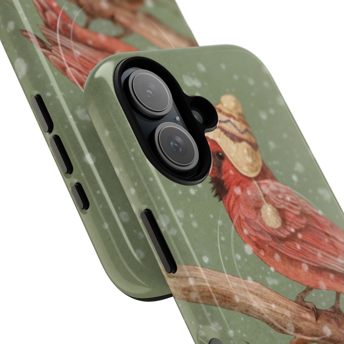 A phone case featuring a beautiful red cardinal bird in a snowy winter scene, designed by artist Terry Fan. - Detail