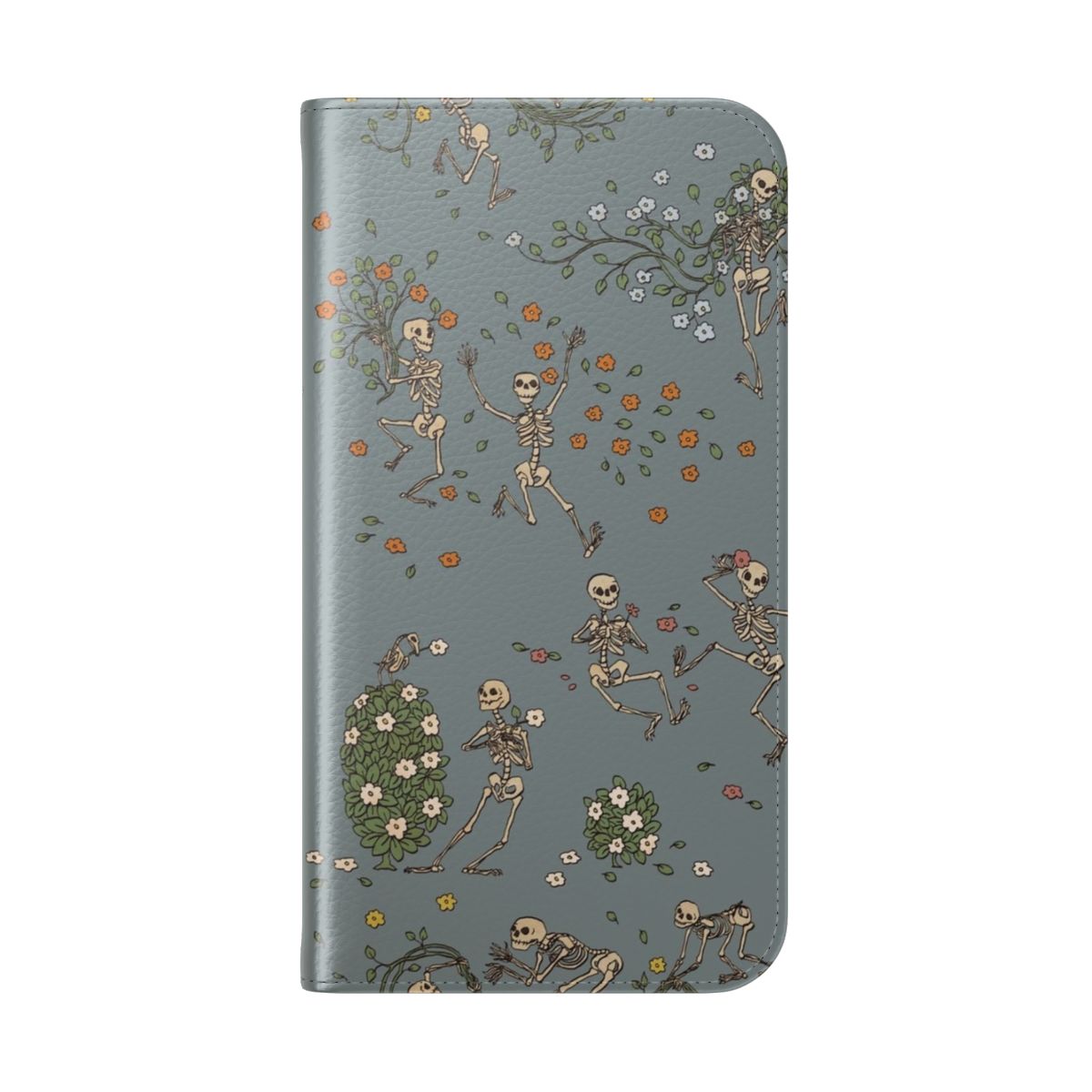 Image of a phone case featuring a design with skeletons and floral garlands. - Folded Back