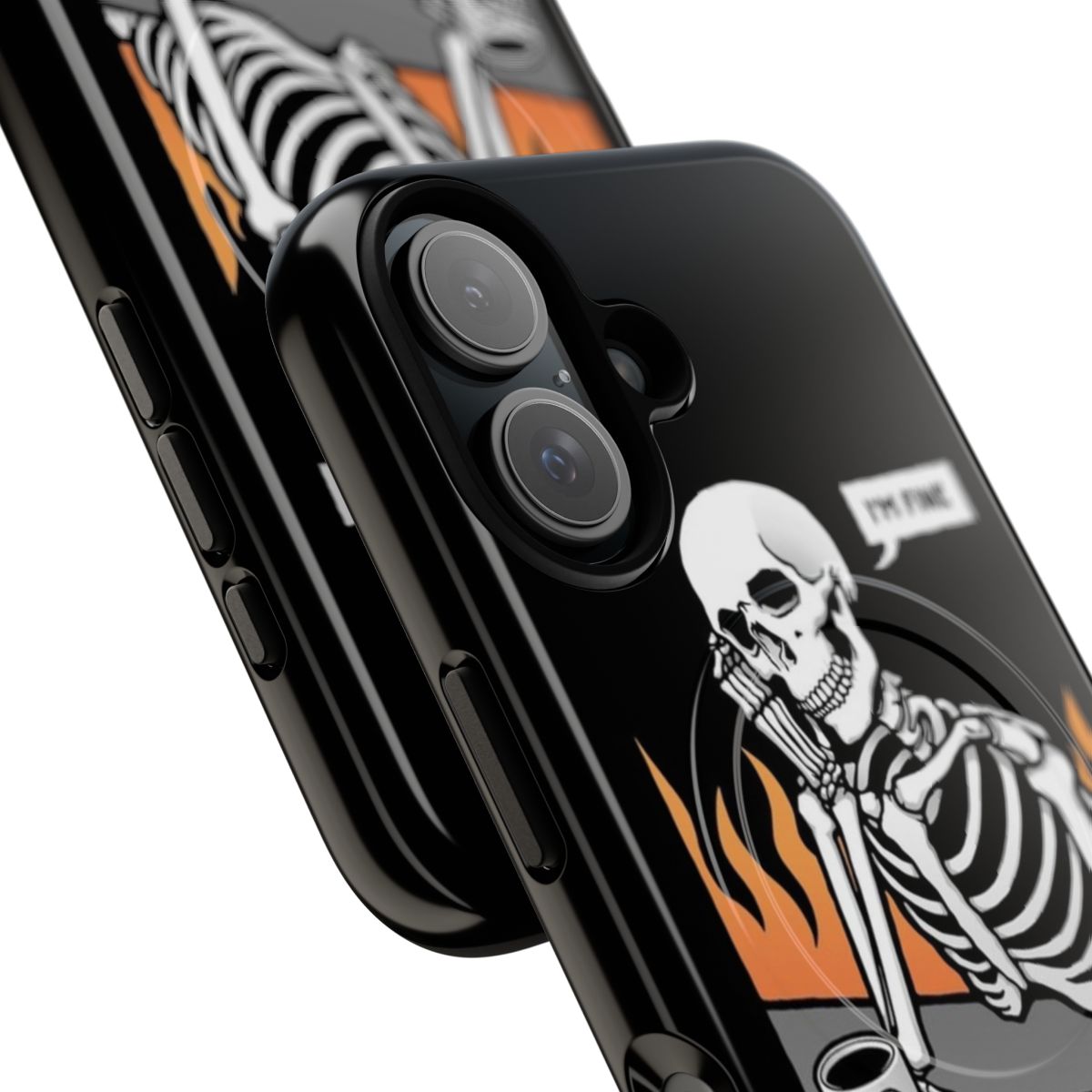 Magnetic tough phone case with dark art graphics of skulls, fire, and skeletons - Detail