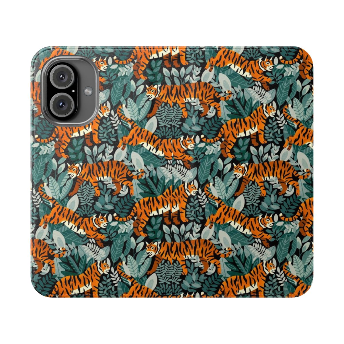 Colorful phone case featuring a detailed illustration of a Bengal tiger in a lush tropical jungle setting.