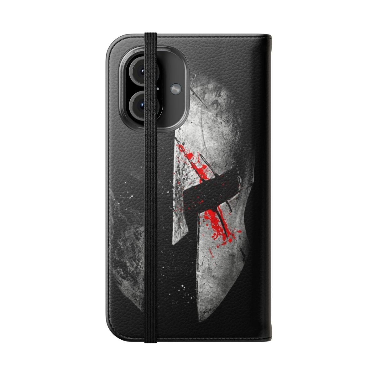 Image of a grungy, dark phone case with a spartan warrior helmet design - Folded Front