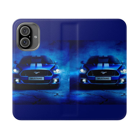 Blue Ford Mustang-inspired phone case with a sleek and protective flip cover design