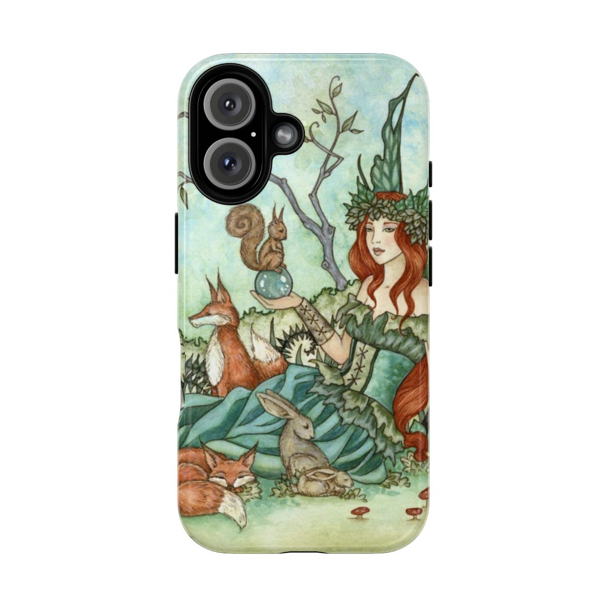 Whimsical phone case featuring fantasy artwork of woodland creatures and enchanted forest elements