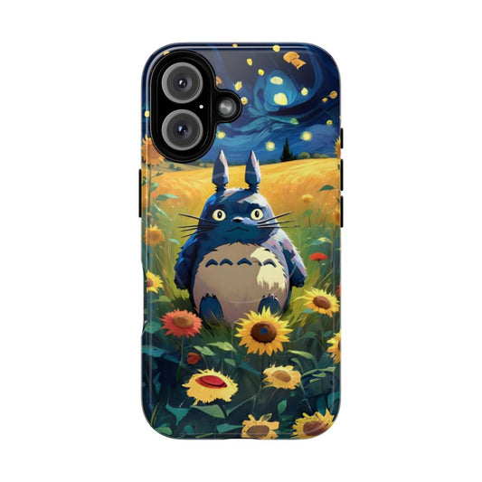 Artistic phone case featuring Totoro in a sunflower field with a starry night background