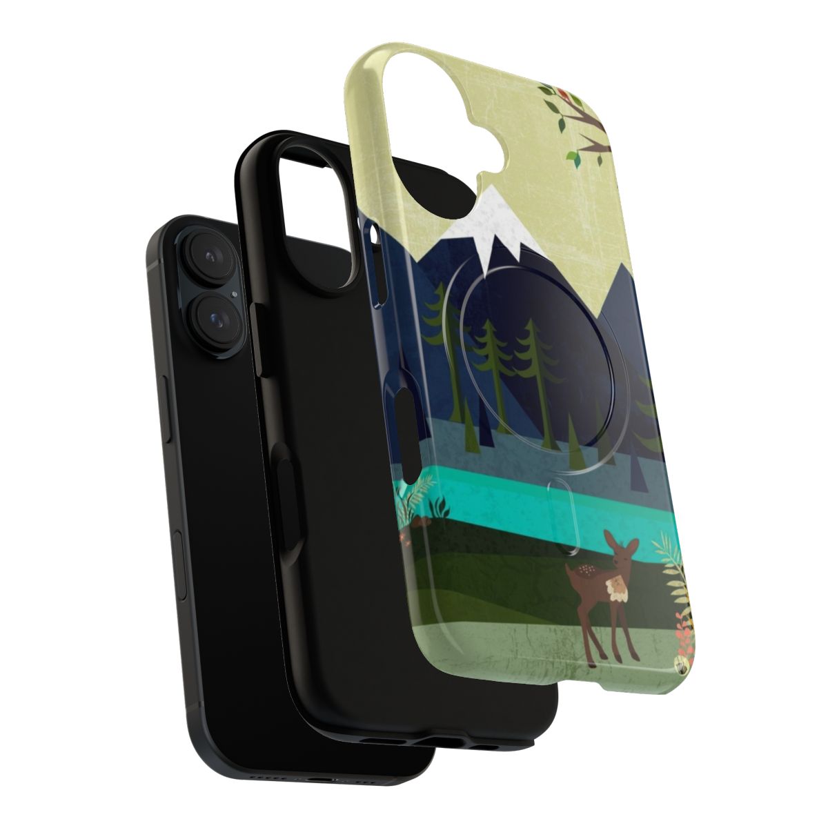 Tranquil nature landscape with deer, trees, and river on a phone case - Layers