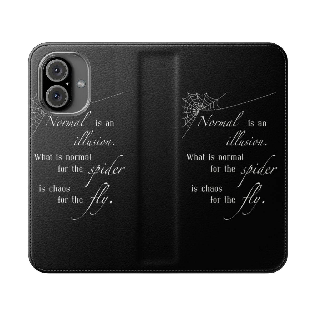 Morticia Addams inspired flip cover phone case with gothic horror artwork and spider web design