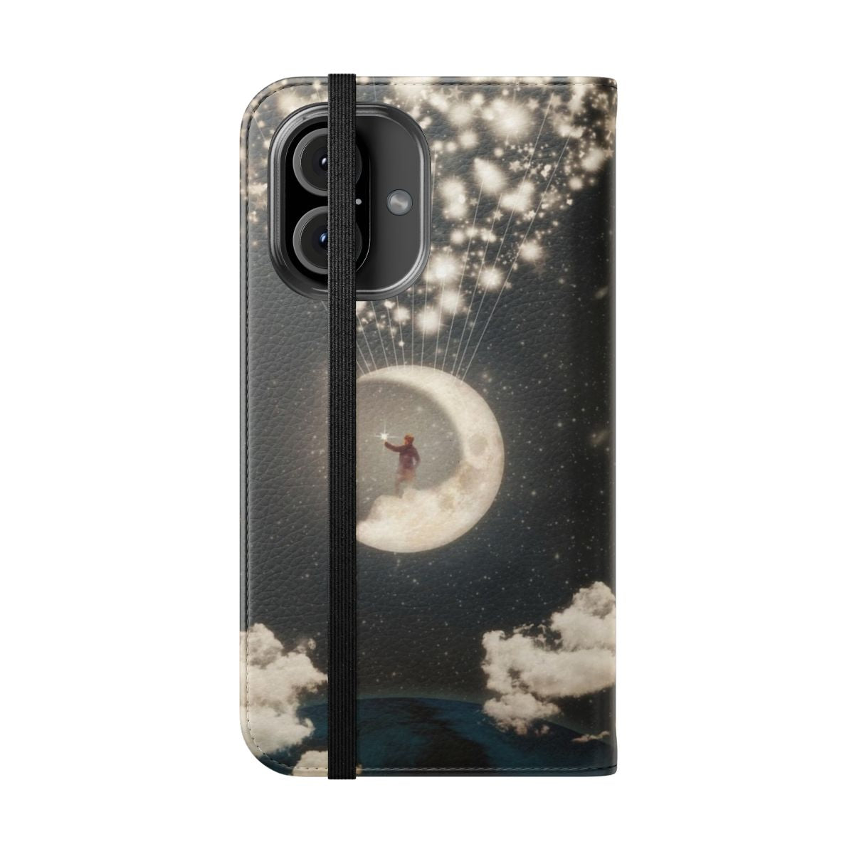 Flip phone case with an artistic depiction of the moon and space - Folded Front