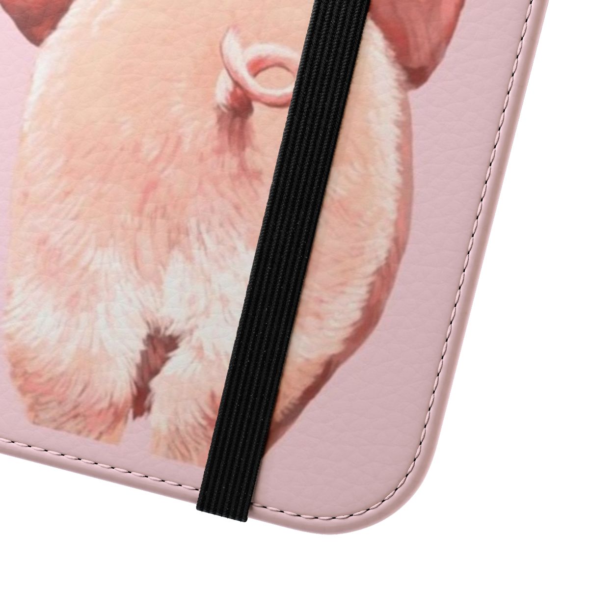 A pink phone case featuring a cute and adorable piglet with a big nose and curly tail. - Close Up