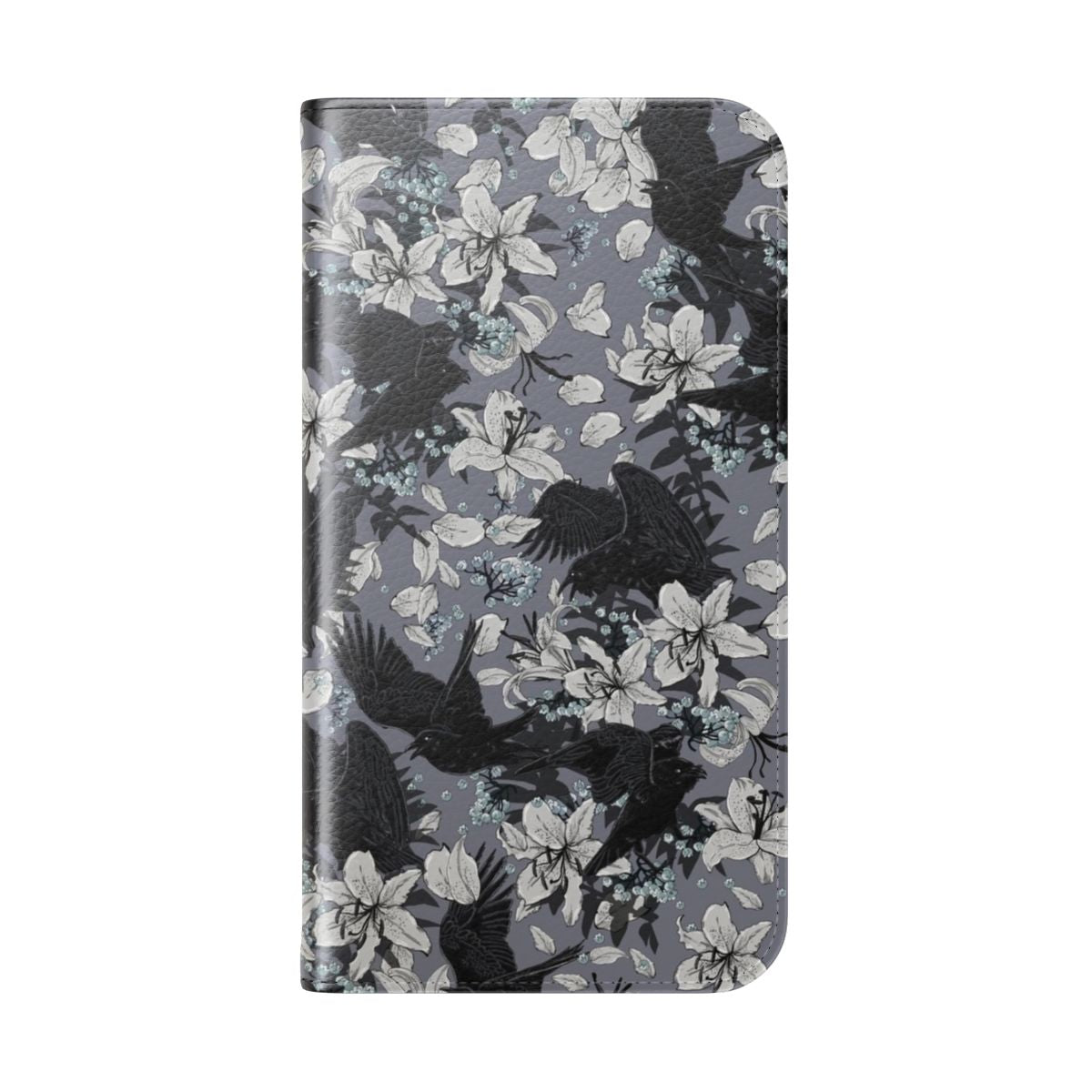 A black flip cover phone case with a dark, gothic-inspired design featuring a raven or crow. - Folded Back