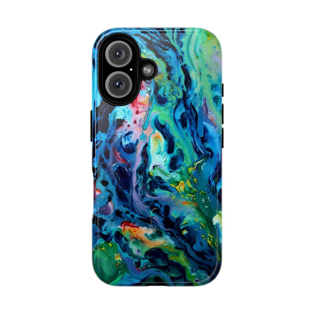 Dynamic abstract blue phone case with a fluid, chaotic pattern