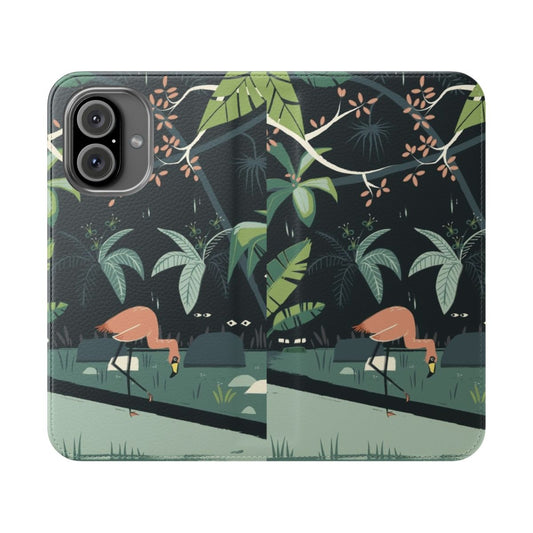 A psychedelic, nature-inspired flip phone case with a vibrant jungle-themed design.