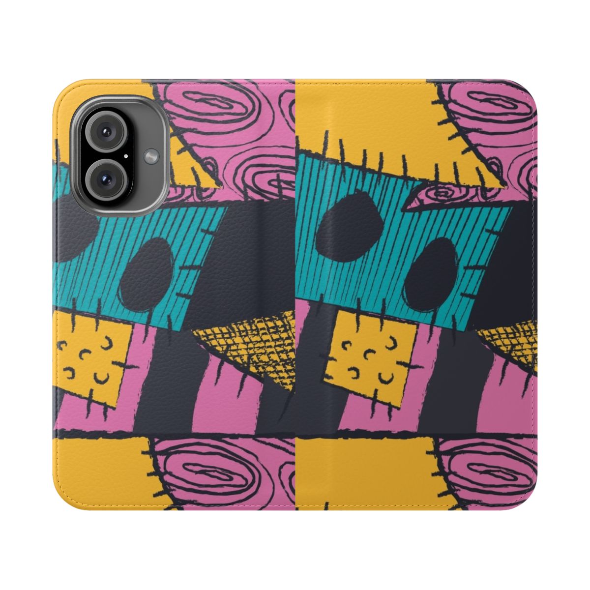 Flip phone case with a nightmare pattern design, featuring characters from the movie The Nightmare Before Christmas.