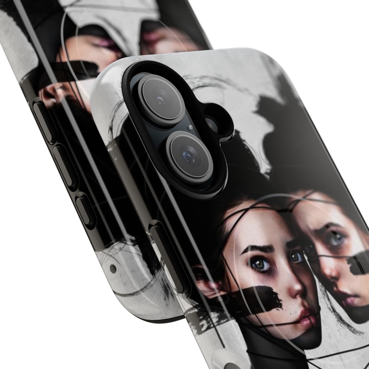 Gemini-themed phone case featuring a pop surrealist portrait design - Detail