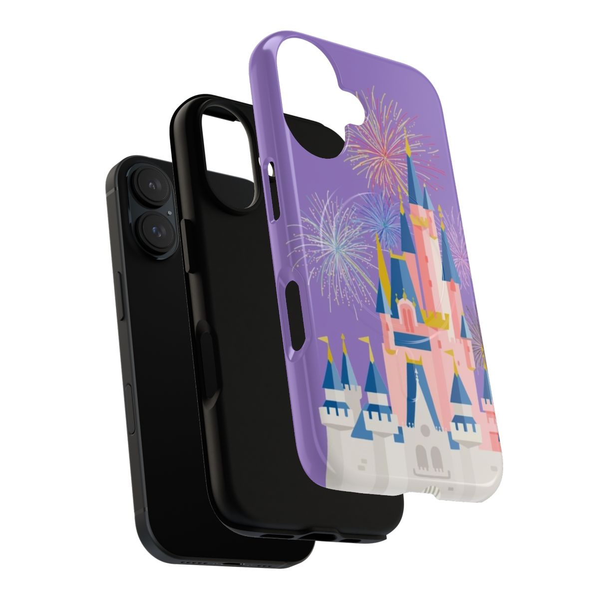 A whimsical phone case featuring a magical fairy tale castle with sparkling fireworks - Layers