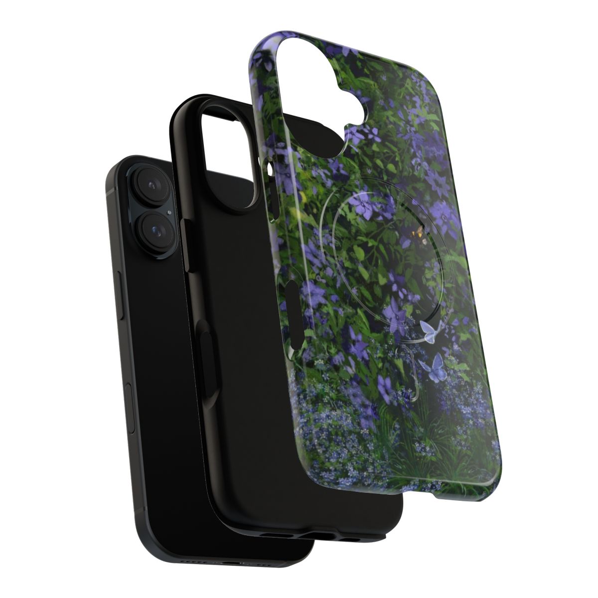 A vibrant phone case featuring a beautiful purple floral pattern with wisteria, clematis, bluebells, forget-me-nots, butterflies, and bees. - Layers