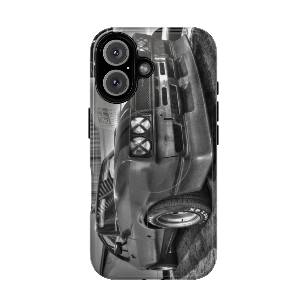 Black and white HDR photography of a Ford Capri on a magnetic tough phone case