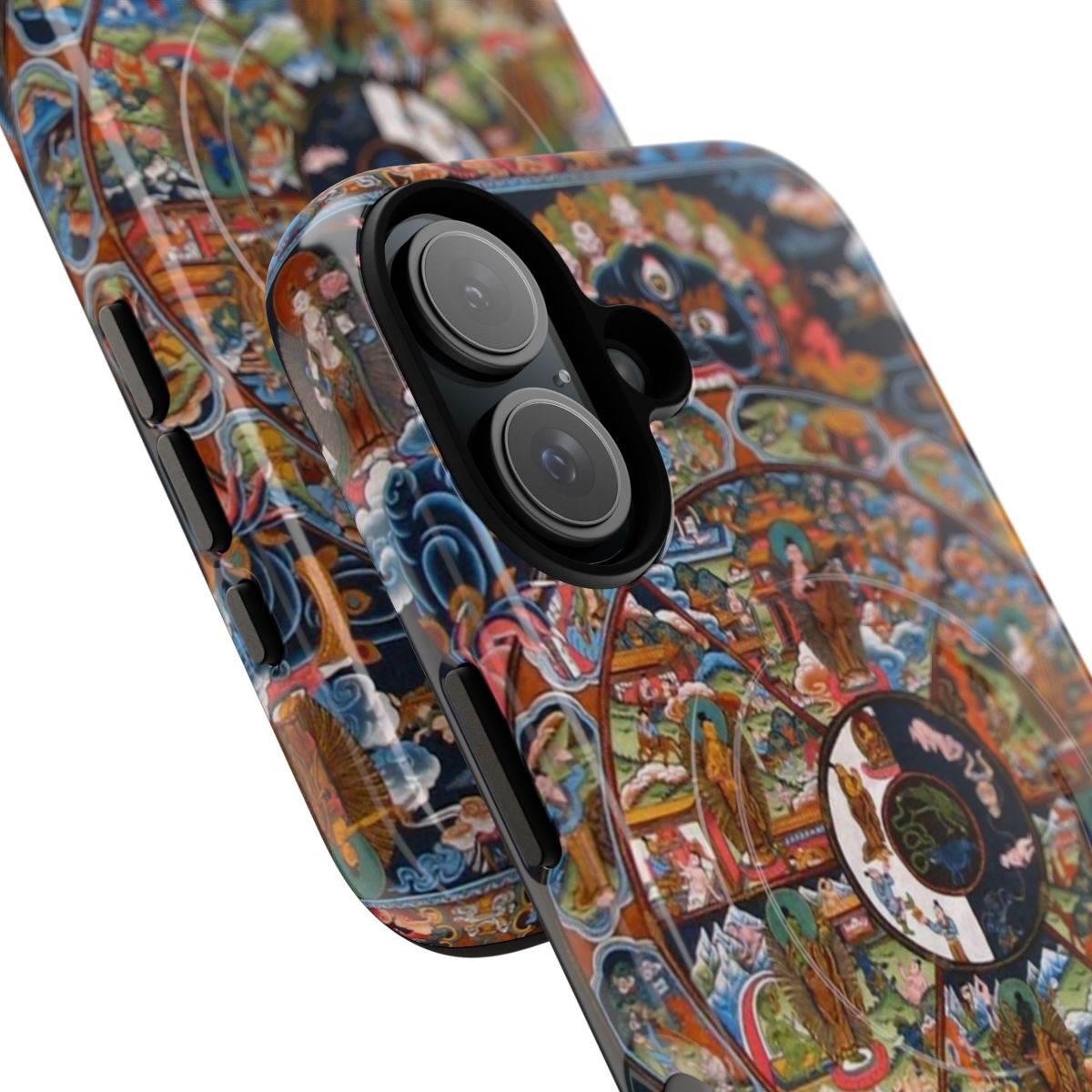 Tibetan Buddhist Wheel of Life design on a protective phone case - Detail