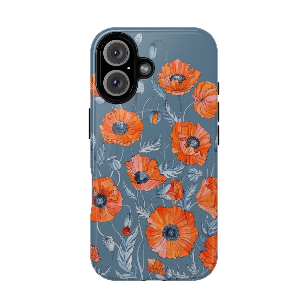 Artistic phone case featuring a botanical floral design with vibrant red and orange poppy flowers.