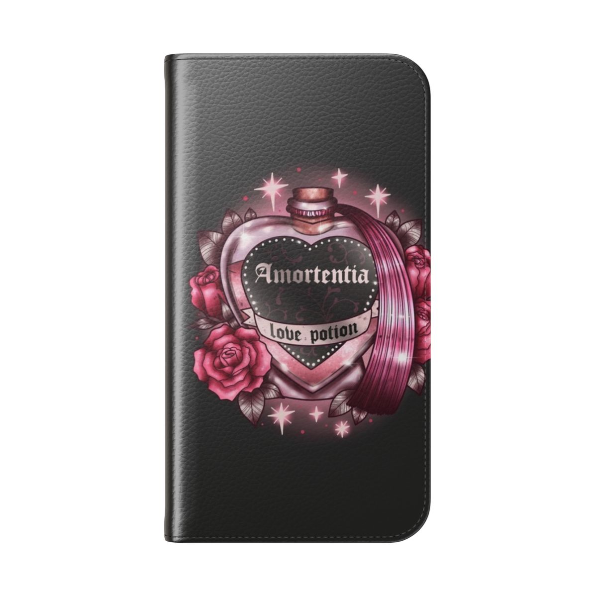 Magical potion love-themed flip cover phone case with roses and gothic design - Folded Back