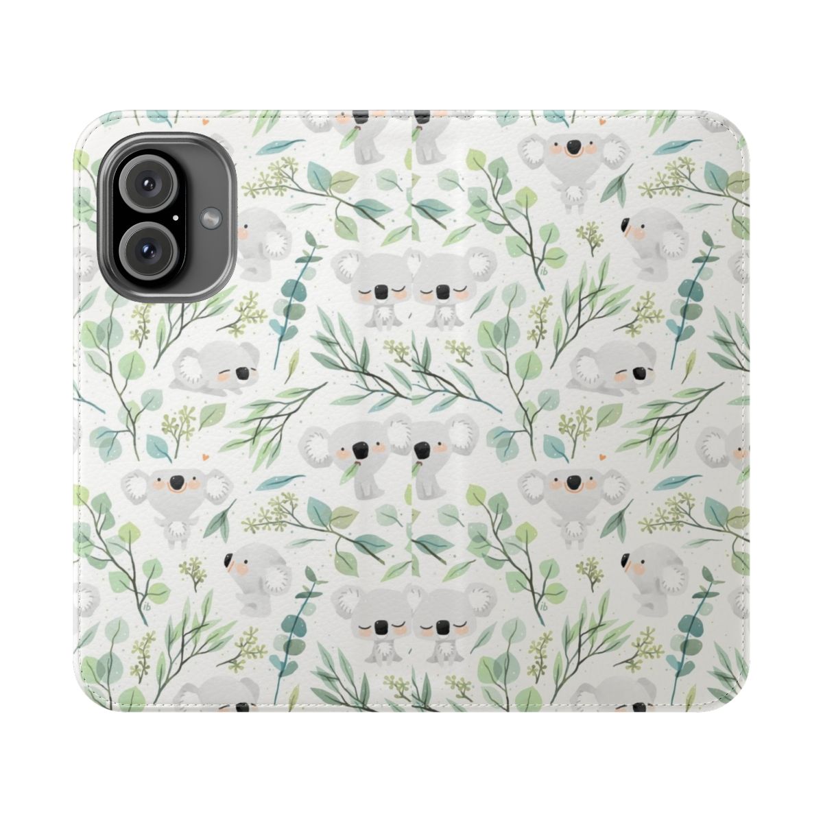 Whimsical phone case featuring a koala and eucalyptus pattern