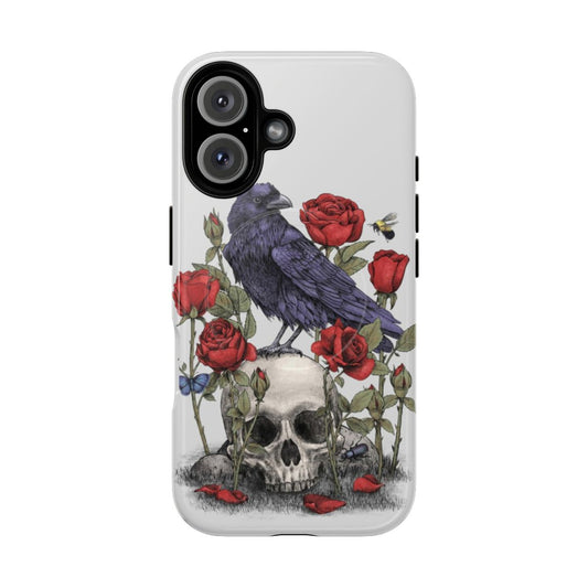 Memento mori inspired phone case with ravens, skulls, and floral design