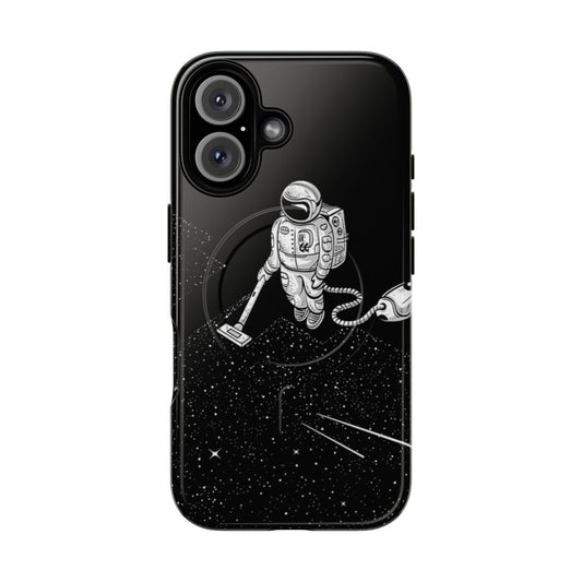 Magnetic phone case with a vintage space vacuum cleaner design, featuring astronauts, stars, and the moon.