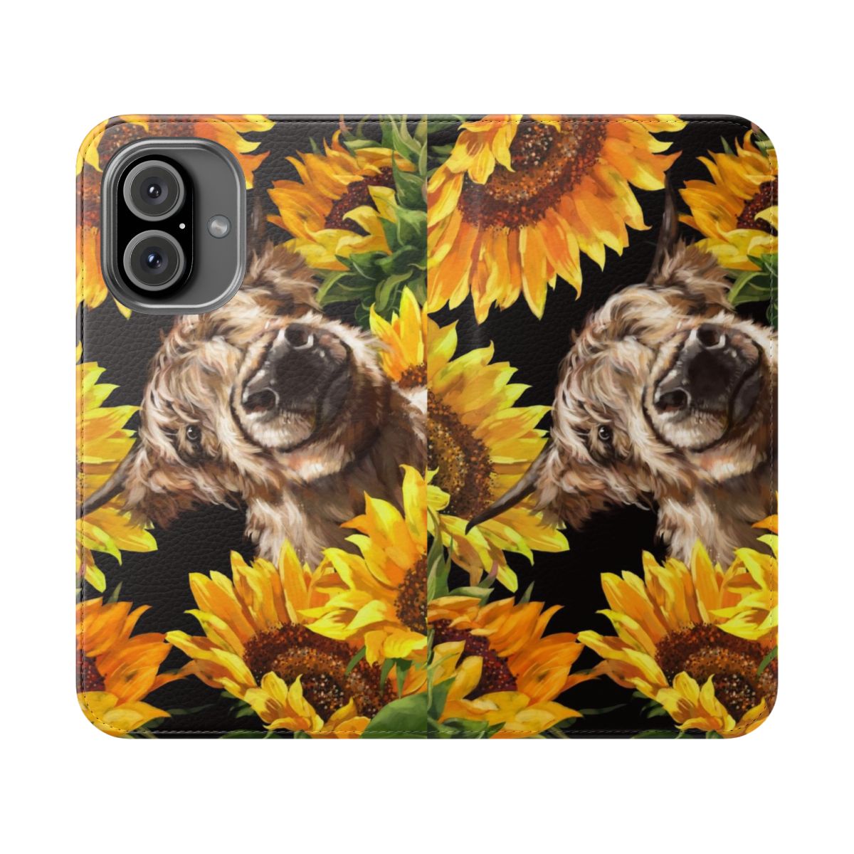 Flip cover phone case featuring a cute highland cow surrounded by vibrant sunflowers