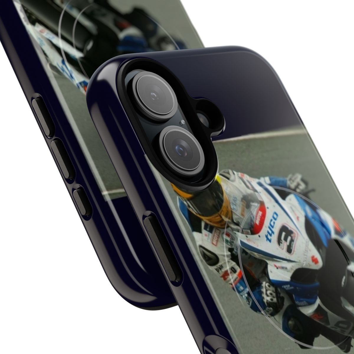 Magnetic tough phone case with a racing-inspired design and Guy Martin skull graphics - Detail