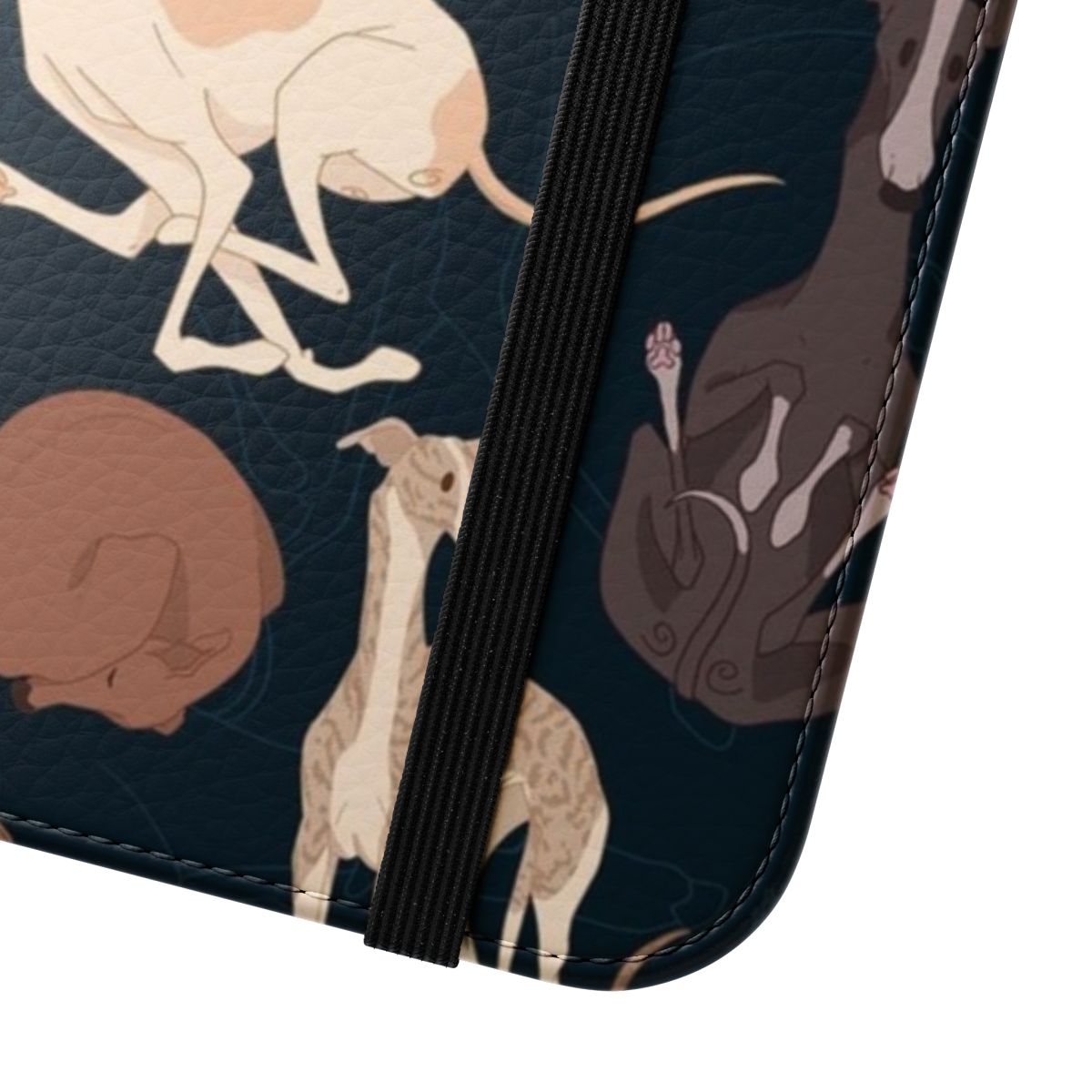 A flip phone case featuring a whippet dog pattern in a half drop design. - Close Up