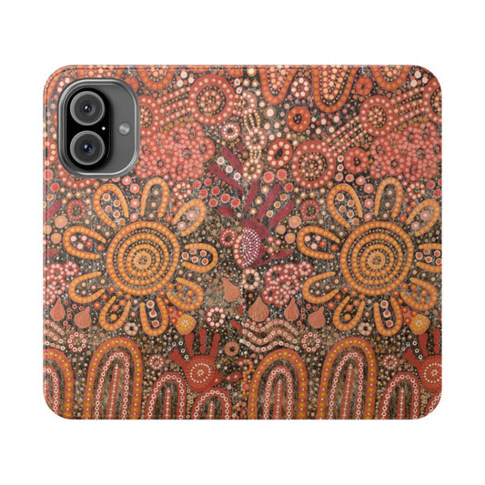 Coastal-inspired flip cover phone case with abstract aboriginal-style art