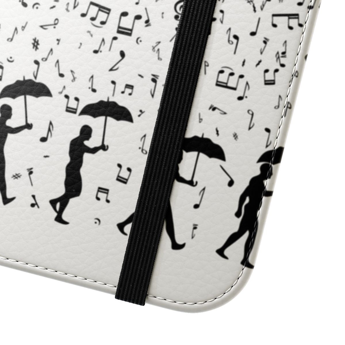 Flip cover phone case with a singing in the rain theme, featuring musical notes and a silhouette design. - Close Up