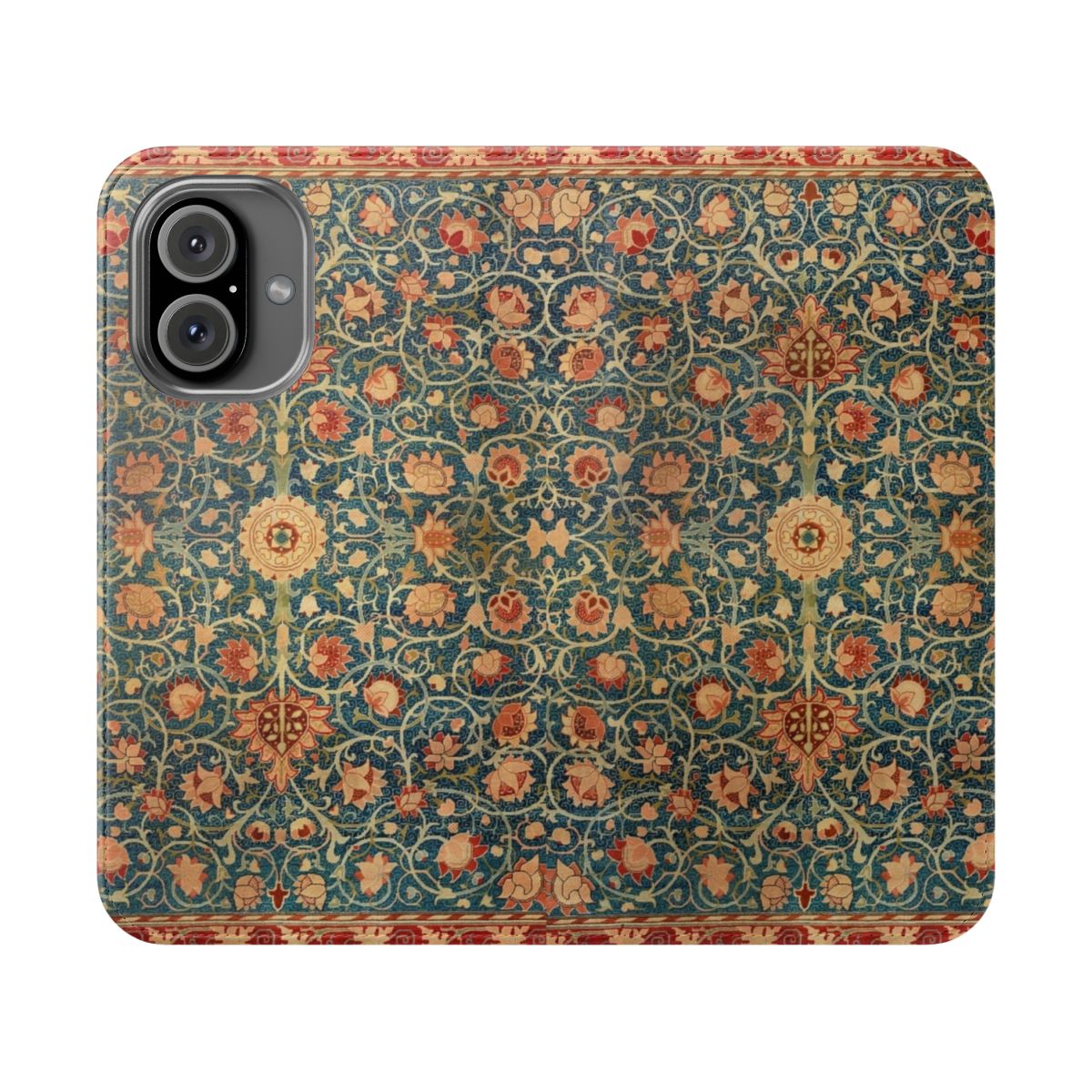 Flip cover phone case with a vintage-inspired William Morris carpet print design in teal, red, and abstract floral patterns.