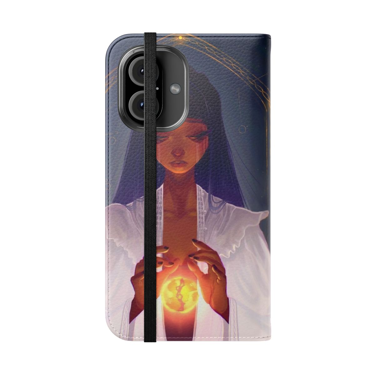 A phone case featuring an original character against a backdrop of stars and planets - Folded Front