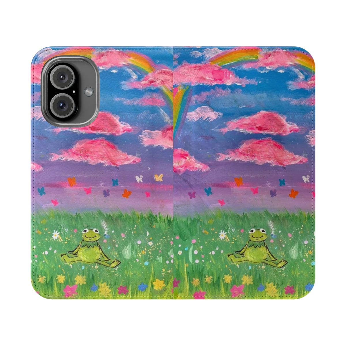 Colorful flip phone case featuring an illustration of Kermit the Frog in a rainbow design