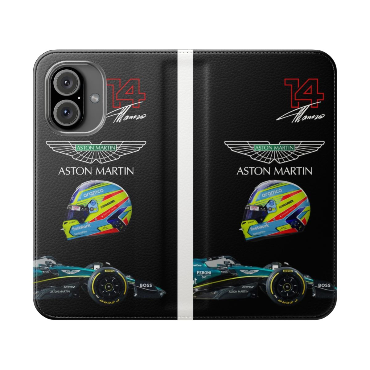 Flip phone case featuring Fernando Alonso inspired Aston Martin Formula 1 team design