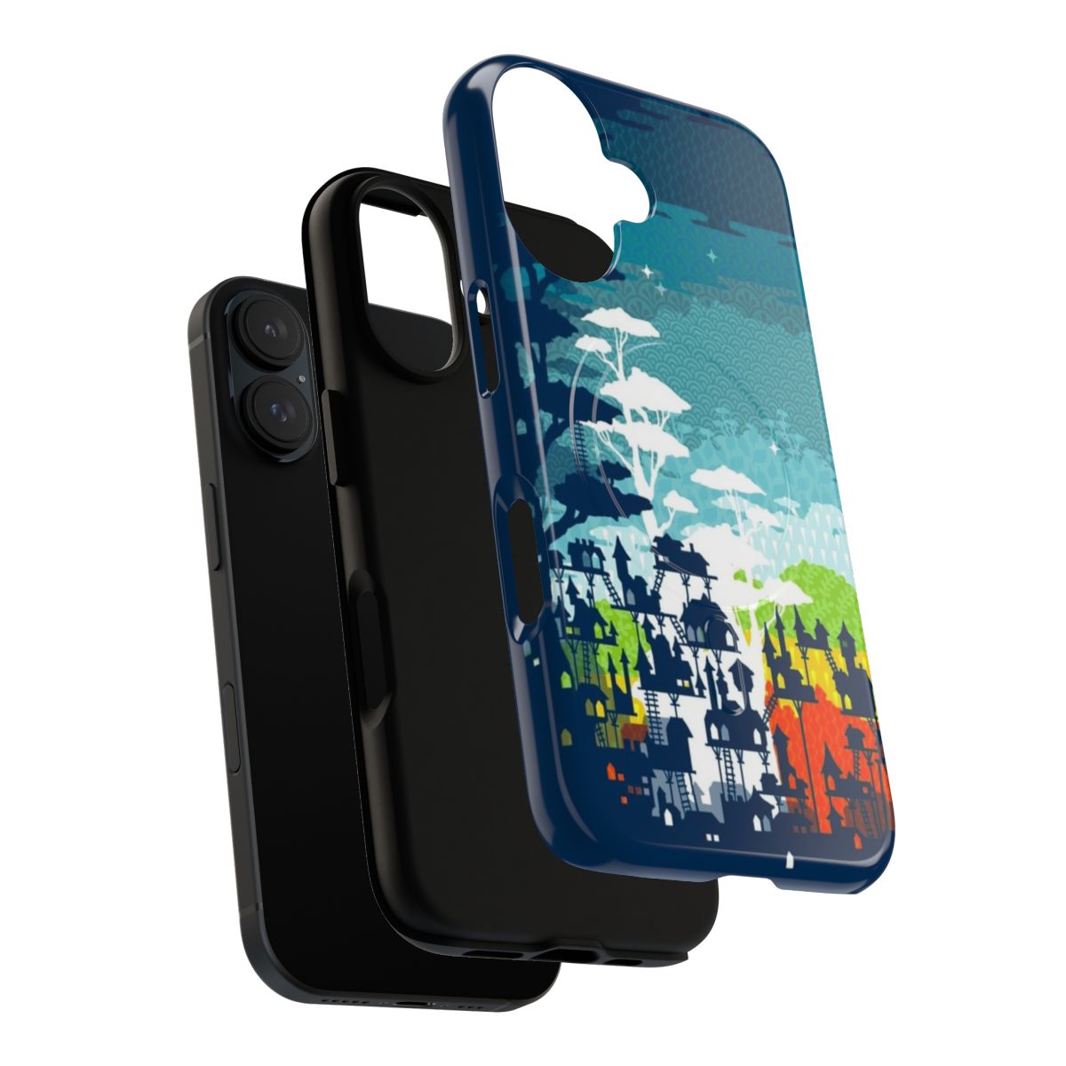 Colorful phone case featuring a vibrant rainforest city design with trees, treehouses, and nature elements. - Layers