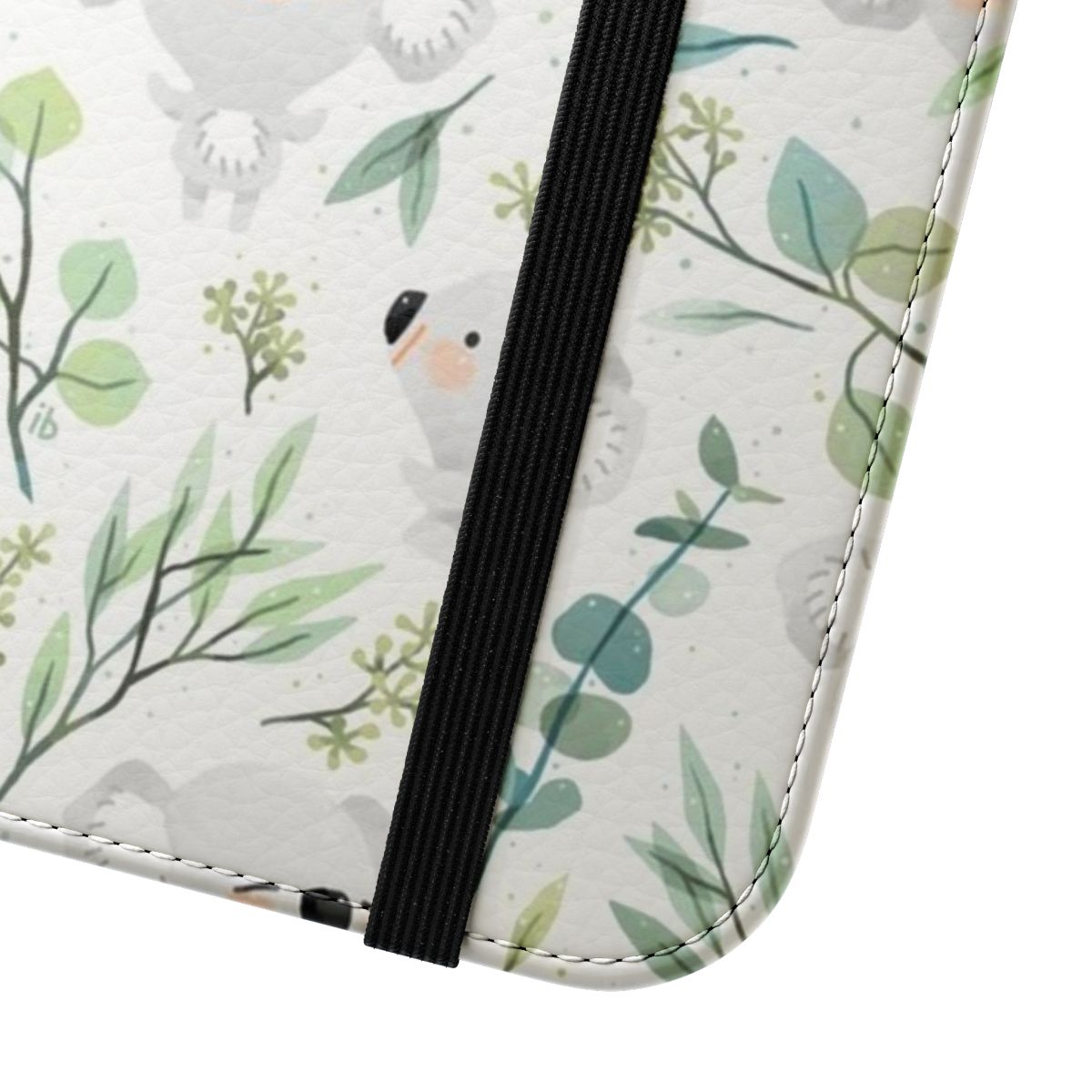 Whimsical phone case featuring a koala and eucalyptus pattern - Close Up