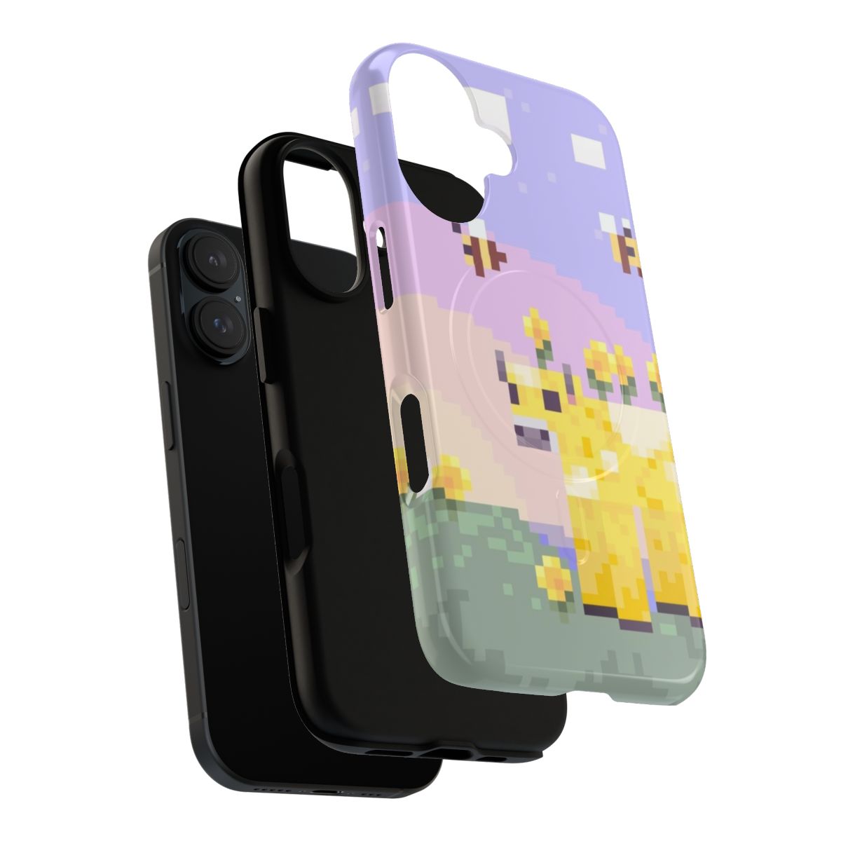 Pastel-colored Minecraft Earth-themed phone case featuring Moobloom and bees in an 8-bit style design. - Layers