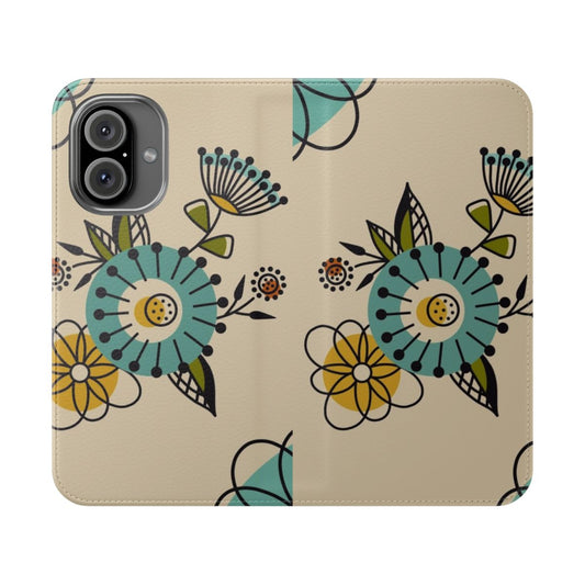 Vibrant mid century modern style floral pattern on a smartphone flip cover case.