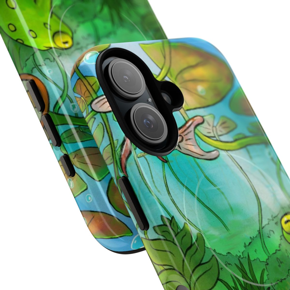 Peaceful underwater scene with lily pads, frog, and koi fish in a nature-inspired phone case design - Detail