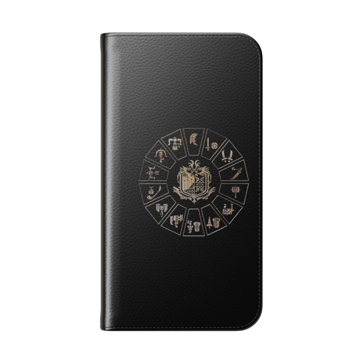 Monster Hunter-themed flip cover phone case with weapon wheel design - Folded Back