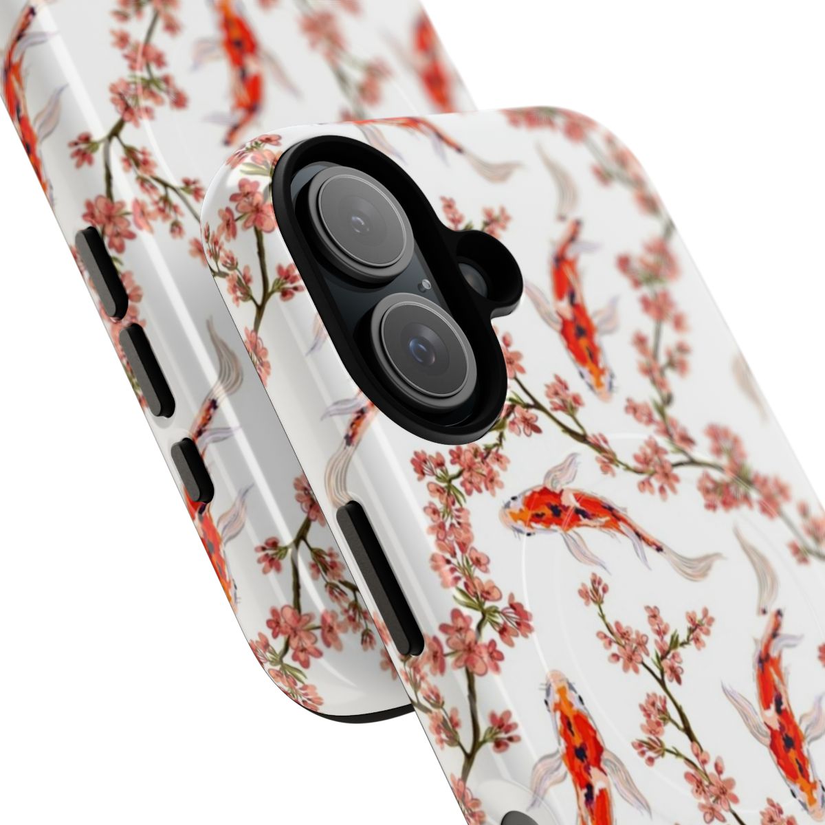 Sleek phone case with a beautiful koi fish and floral pattern design. - Detail