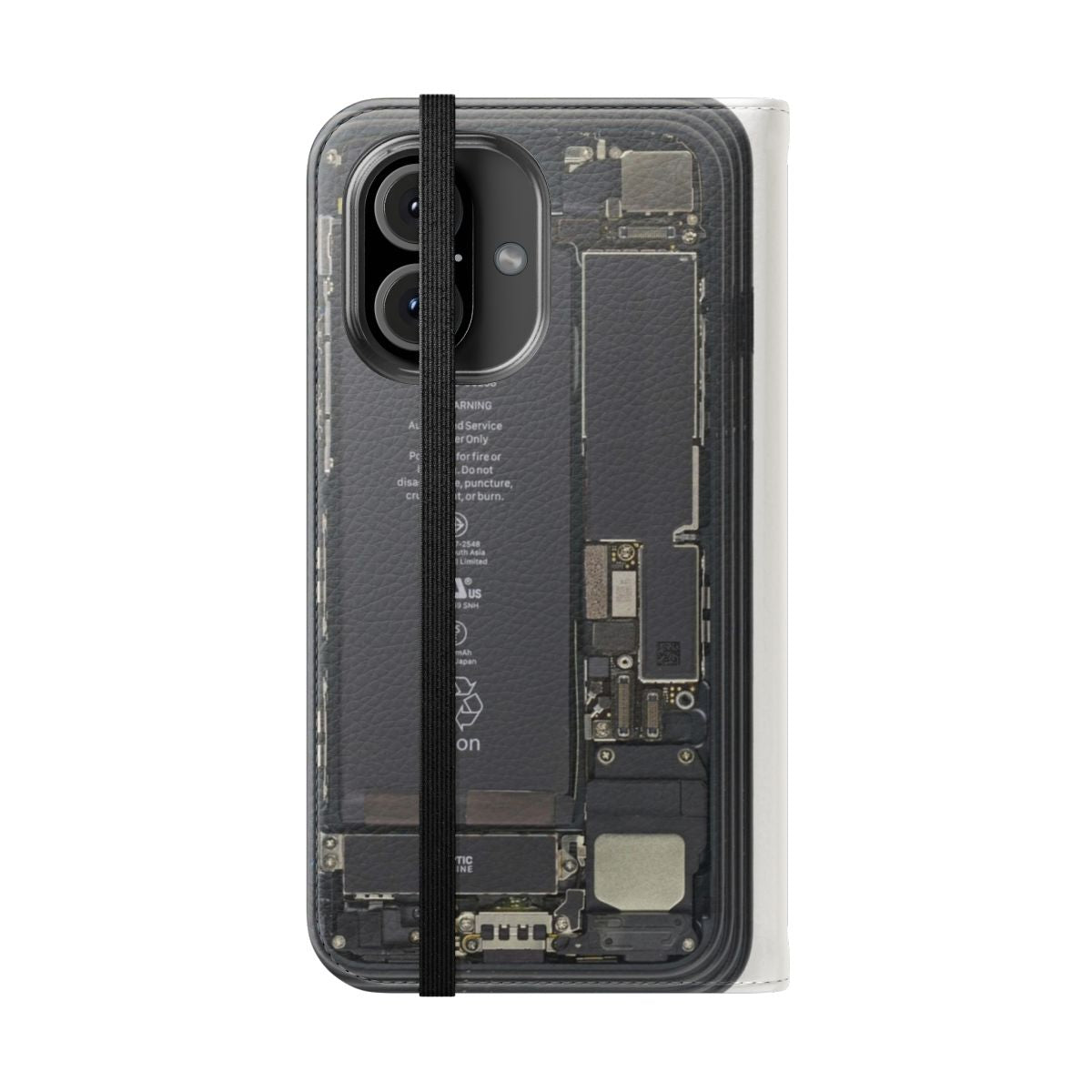 Closeup view of the interior components of an iPhone, showcased through a transparent flip case - Folded Front