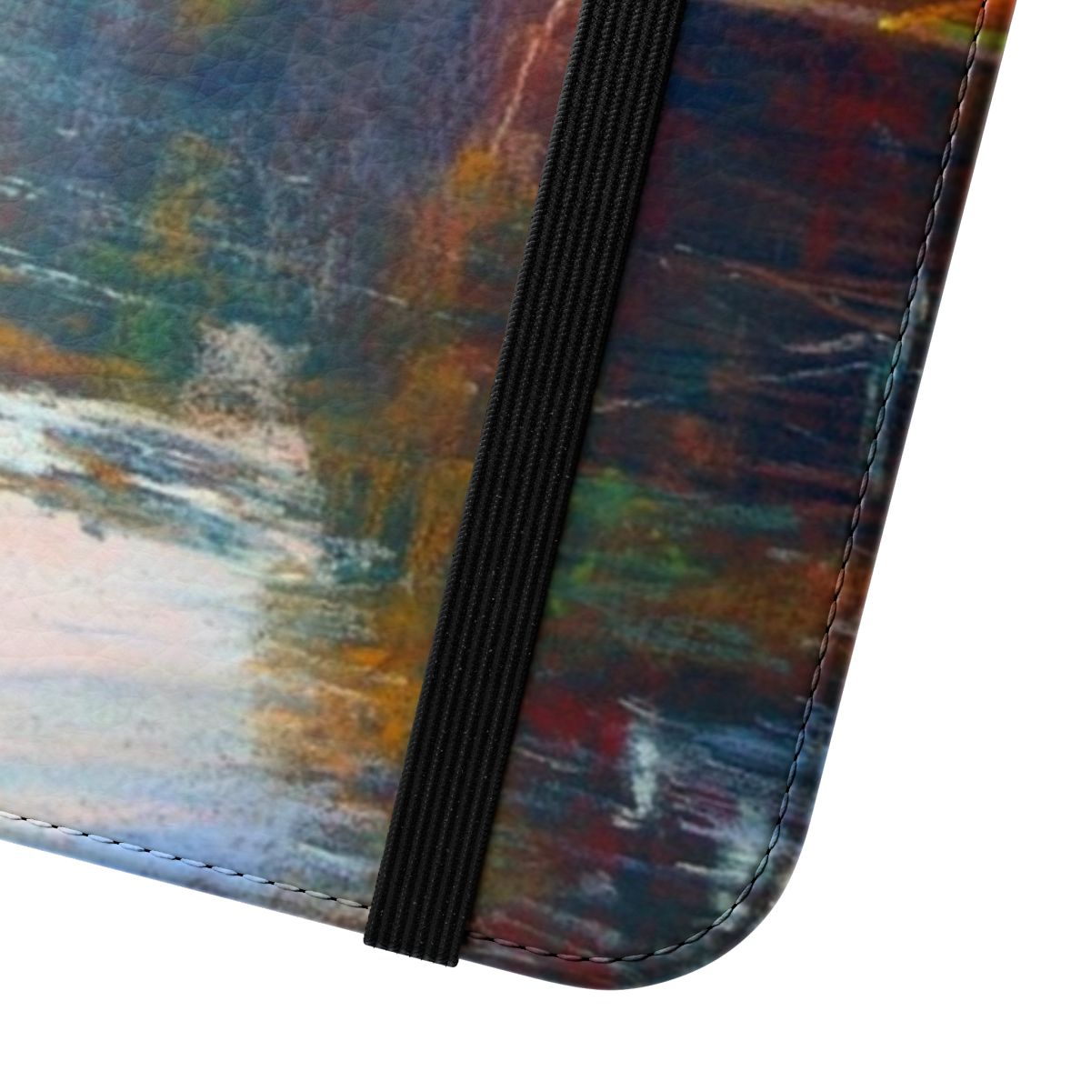 A gold flip phone case with a serene landscape design of a river, trees, and sunset. - Close Up