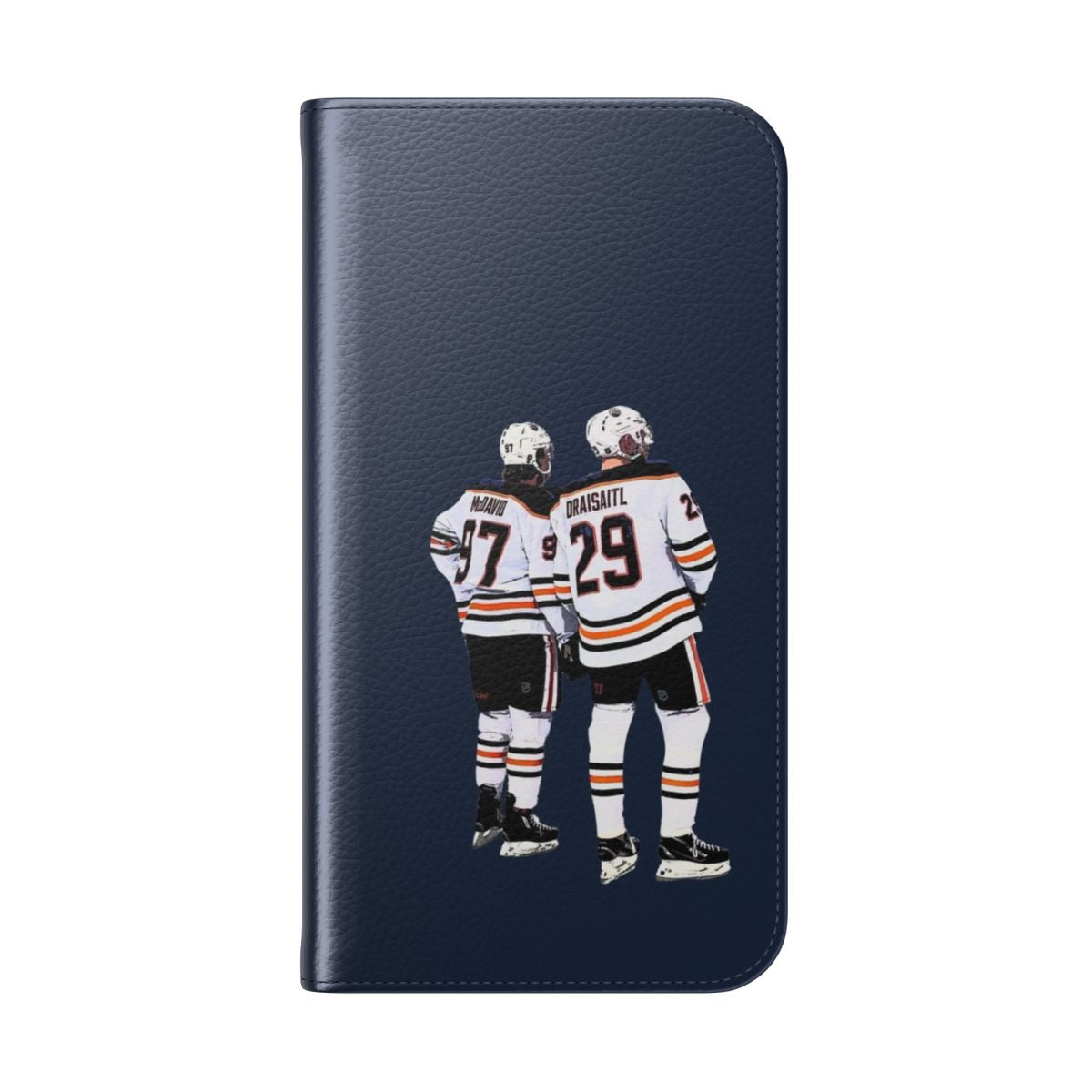 Hockey-themed flip cover phone case in the colors and design of the Edmonton Oilers - Folded Back