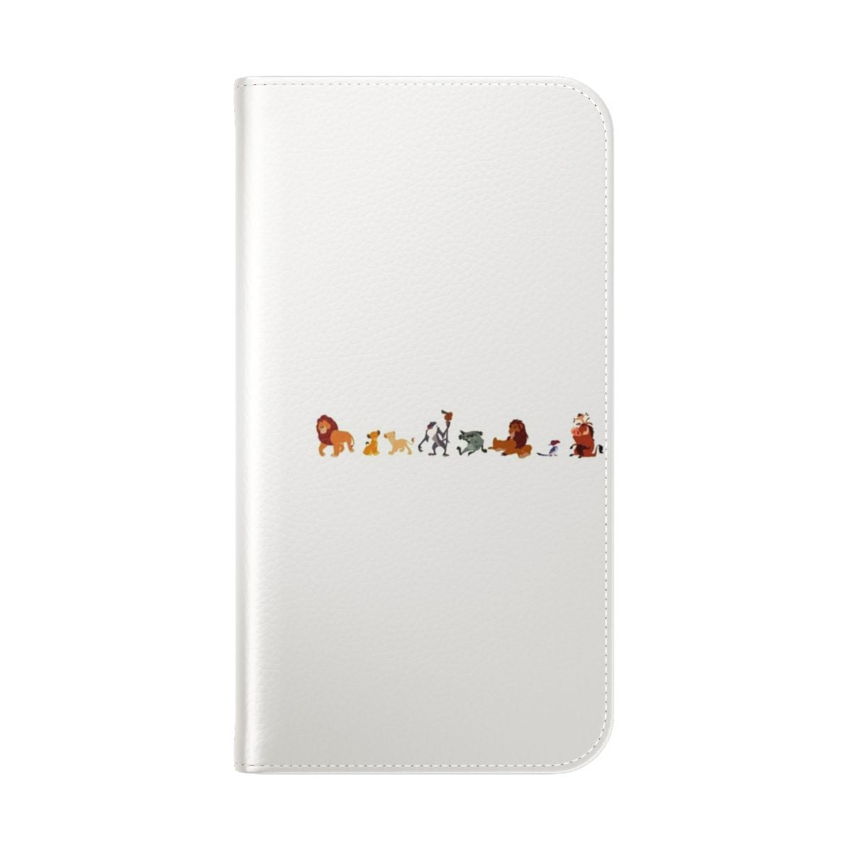 Flip cover phone case with illustration of Disney's The Lion King characters including Simba, Scar, Mufasa, Timon, Pumbaa, and Zazu. - Folded Back