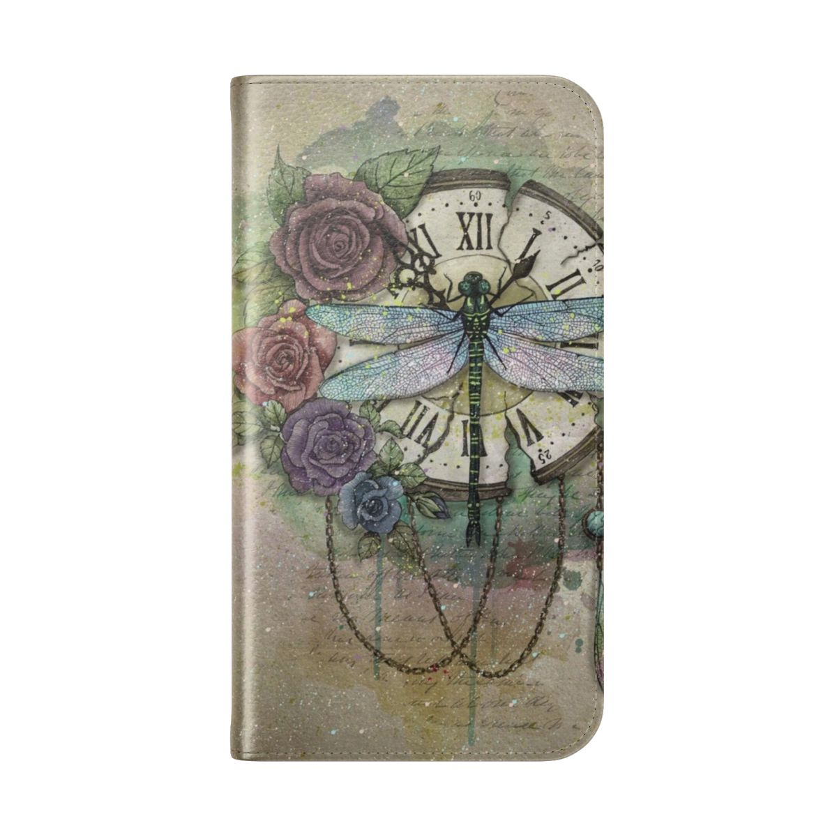 Flip phone case with a dragonfly and rose design - Folded Back