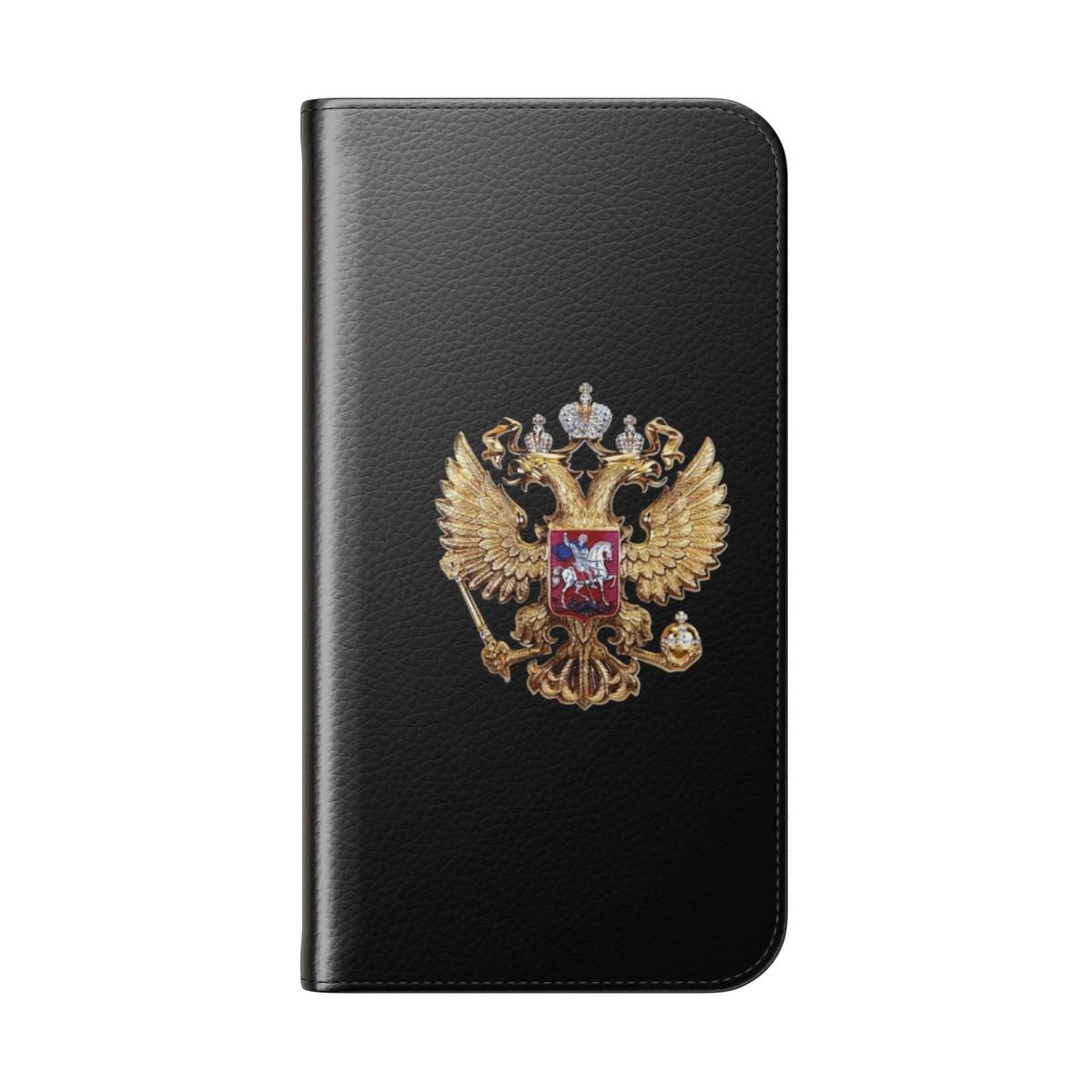 Flip cover phone case featuring a detailed illustration of the Russian coat of arms - Folded Back