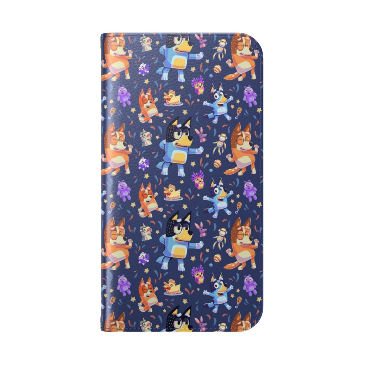 Vibrant blue, red, and white dog-themed flip cover phone case with seamless Bluey pattern - Folded Back