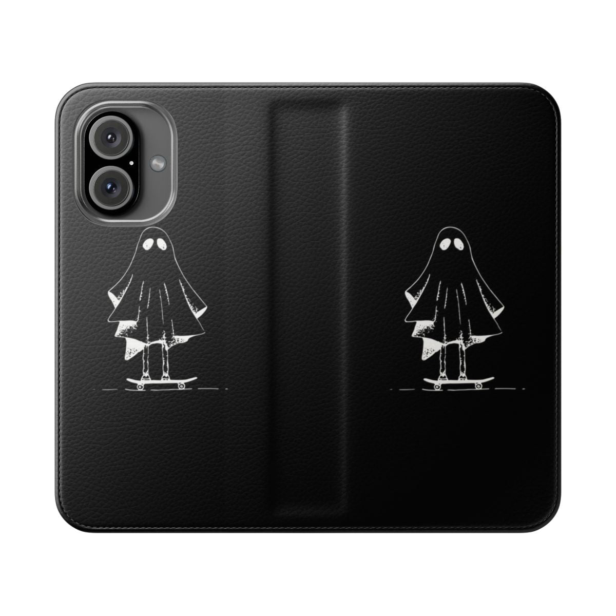 A black phone case with a ghostly skateboard design, featuring a dark and edgy aesthetic.